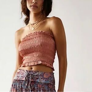 NWOT Free People Be Right Back Tube Smocked Ruffled Rose Gold Strapless Shiny